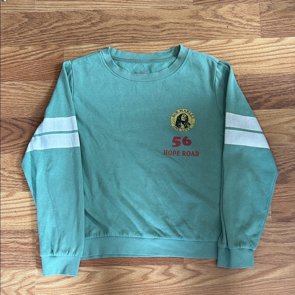 Green Long Sleeve Crewneck with Bob Marley Graphic